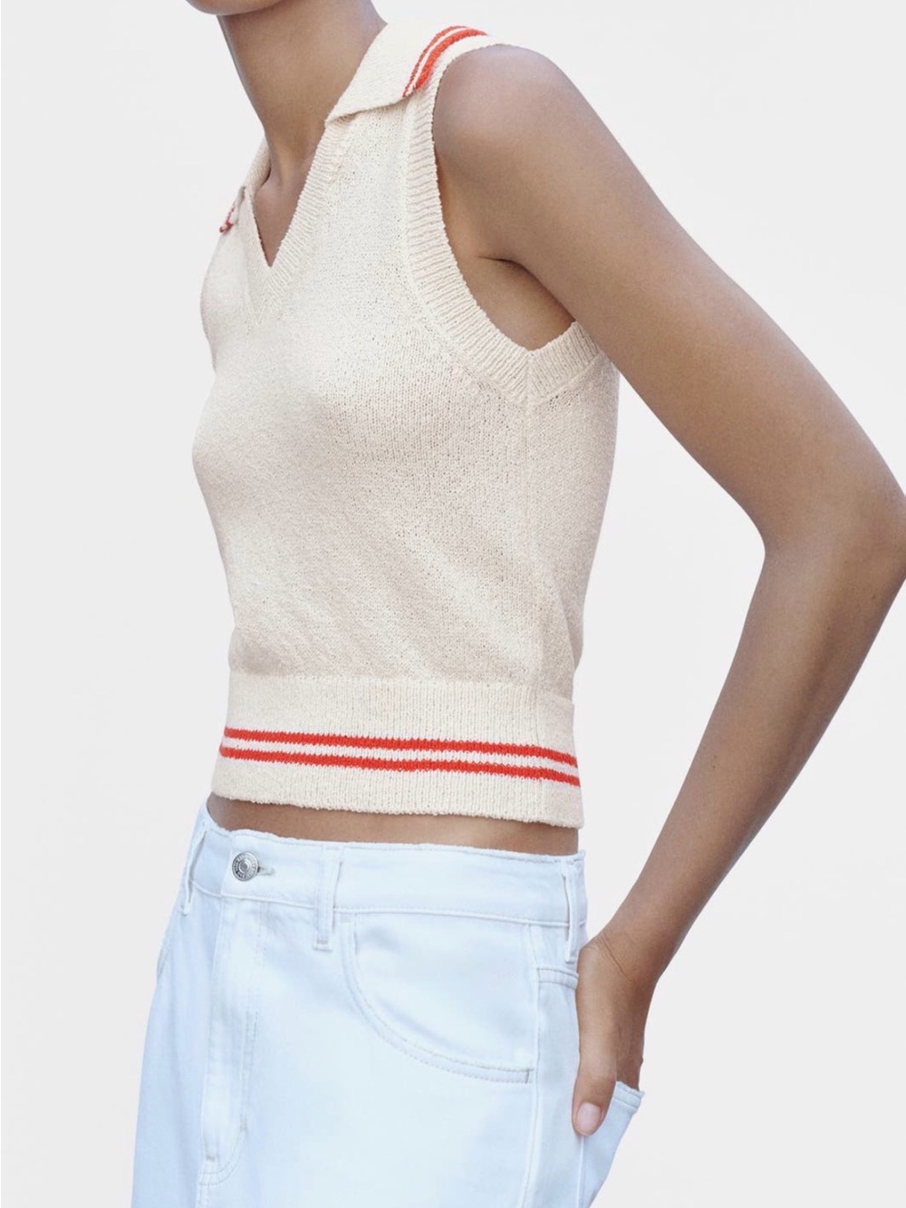 Mango Cream Knit Sleeveless Polo Top with Red Stripe